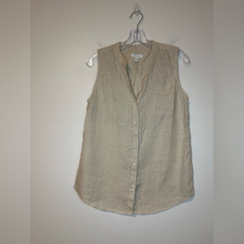 Charter Club Linen Embroidered Sleeveless Tan V Neck Button Shirt Women’s‎ Sz S